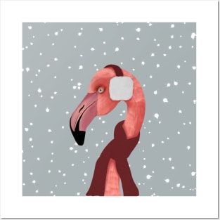 Snowy Winter Flamingo Posters and Art